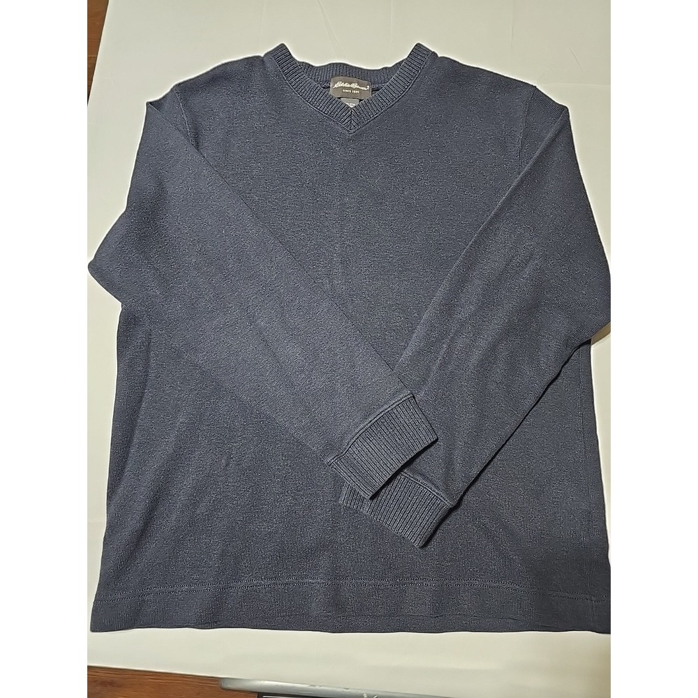 Eddie Bauer V Neck Sweater Mens Large Blue Cotton Pullover Preppy